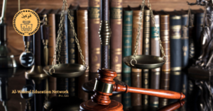 Gavel and scales of justice placed on a desk alongside criminology books.