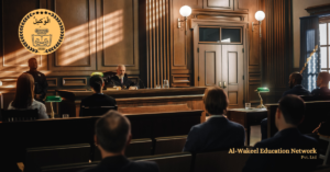 Judge in a courtroom setting, standing behind a bench during proceedings.