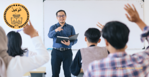 Law students studying in a classroom, reading legal texts.